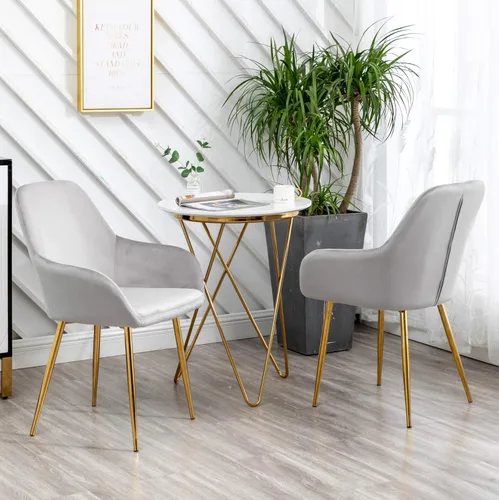 Vista 8 de BTEXPERT Modernas sillas doradas oscuras con respaldo medio para sala de estar, juego de dos, sillón de ocio de terciopelo gris con patas chapadas