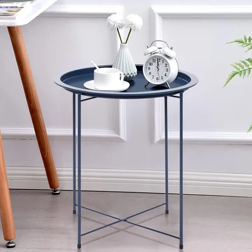 Vista 5 de Mesa Auxiliar Metal Small Side Table Round Storage Sofa End Table with Detachable Tray for Living Room Bedroom 47x50cm Sofa