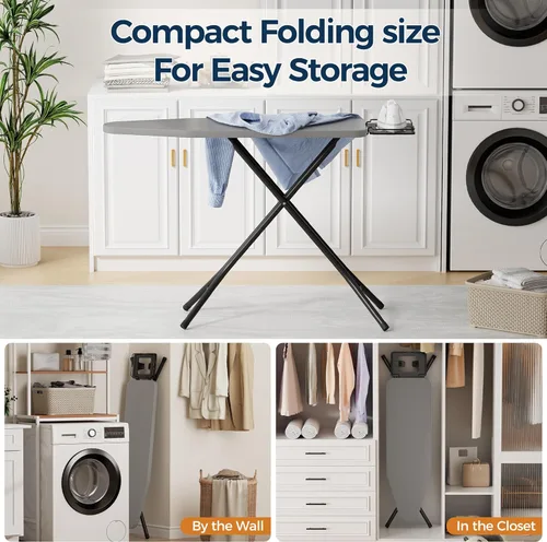 Vista 8 de BEWISHOME Tabla de planchar plegable, tabla de planchar compacta con 7 alturas ajustables y soporte de hierro de seguridad, patas de marco de metal