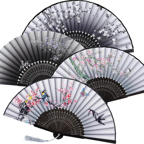 Vista 23 de Zonon 4 Pack de abanicos de mano florales plegables, abanicos de seda de bambú con borla para mujer, abanico de mano hueco plegable con funda