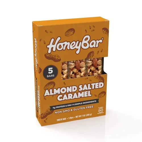 Vista 3 de HoneyBar Snack Bar Certificado sin gluten Sin OMG Vegetariano (caramelo salado de almendras, paquete de 5 barras)