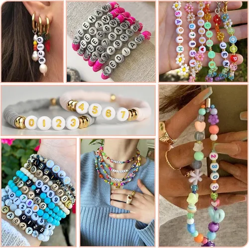 Vista 5 de Cuentas de números de 5 colores para hacer joyas, cuentas de números de pulsera de 0.16 x 0.27 pulgadas, moneda de disco redondo plano 0-9 cuentas