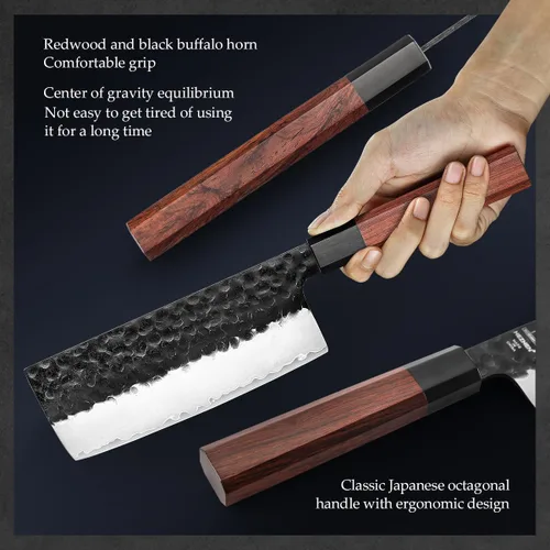Vista 4 de HEZHEN Juego de cuchillos de cocina 4 piezas, cuchillo de chef de acero revestido Nakiri forjado Santoku, mango octogonal de madera