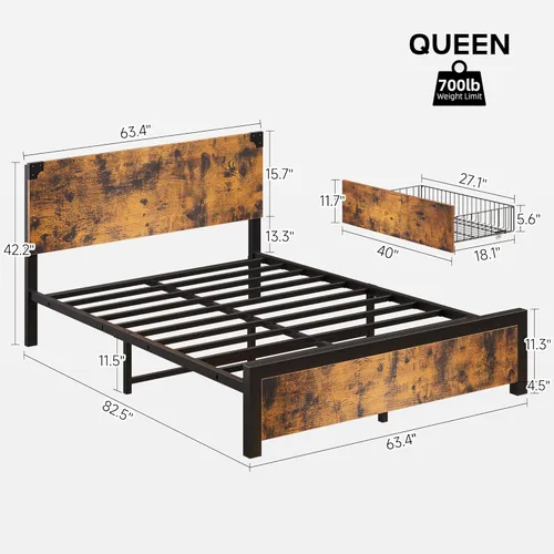 Vista 2 de coucheta Marco de cama tamaño Queen con 4 cajones de almacenamiento y cabecero, plataforma de metal resistente y madera rústica, marco de cama Queen