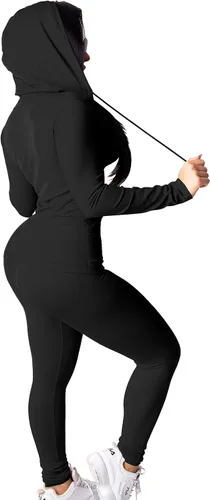 Vista 4 de PINSV Conjunto de dos piezas para mujer, conjunto de entrenamiento ajustado de manga larga con cremallera, sudadera con capucha y pantalones