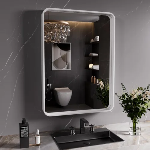 Vista 33 de JISOSO - Espejo de baño negro de 20x30 pulgadas con marco de metal negro, espejo de tocador rectangular redondeado con acabado mate para pared