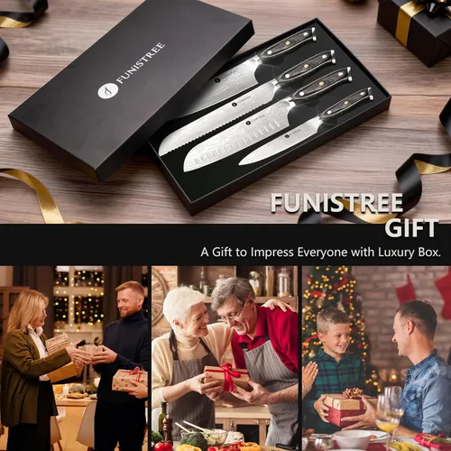 Vista 6 de Juego de 4 cuchillos de cocina profesional, juego de cuchillos de chef de acero inoxidable alemán de Damasco con caja de madera, cuchillo de chef