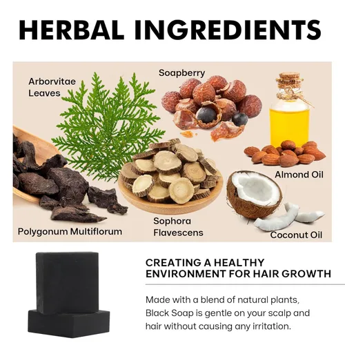 Vista 4 de 2 piezas de jabón negro sin brasas a base de hierbas para reversa gris, aceite de ricino Fo Ti para oscurecer y engrosar, barra de champú