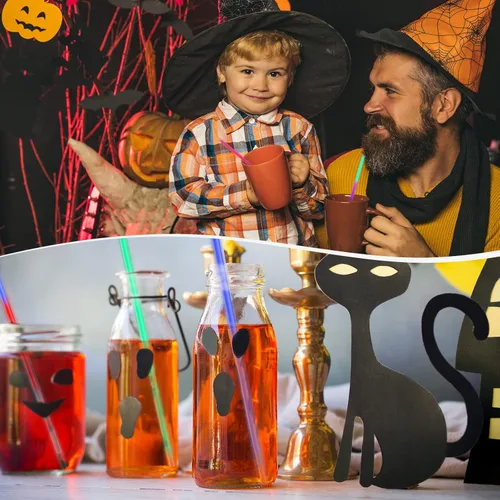 Vista 6 de Lallisa 100 popotes de Halloween que brillan en la oscuridad, pajitas de neón iluminadas de 8 pulgadas, popotes de plástico reutilizables multicolor