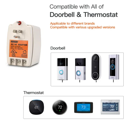 Vista 2 de Transformador de timbre de 24 V CA 40 VA CA, transformador enchufable, enchufe con fusible PTC, compatible con todos los timbres y termostatos