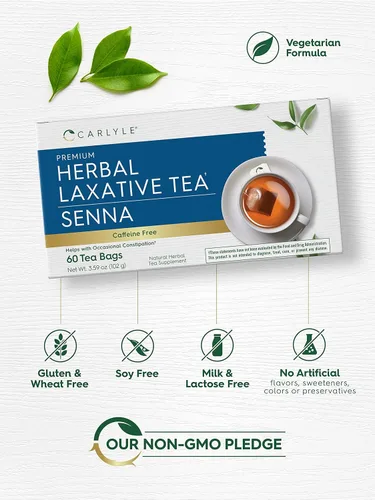 Vista 4 de Carlyle Té de hoja de sena laxante de hierbas 60 bolsas de té Sin cafeína Ayuda con el estreñimiento ocasional Vegetariano, sin OMG y sin