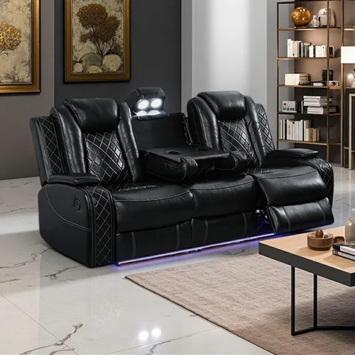 Vista 11 de Juego de Sofá Reclinable Eléctrico, Sofá Seccional de Cuero Negro de 3 Piezas, Juegos de Muebles de Sala de Estar con Luz LED, Juegos Reclinables