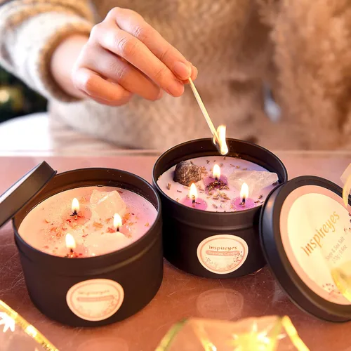 Inspireyes Juego de velas perfumadas con cristal, vela de 3 mechas de 19 onzas, velas de meditación de aromaterapia de cera de soja, vela de