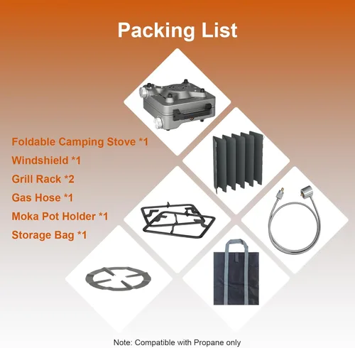 Vista 7 de Estufa de campamento plegable de 2 quemadores de 27000 BTUs con parabrisas, estufa de camping portátil con quemadores ajustables y bolsa