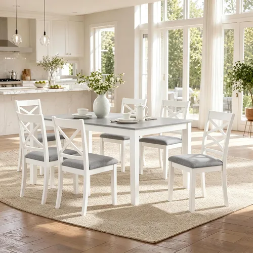 Vista 24 de Juego de mesa de comedor de 6 piezas con banco y 4 sillas Negro Beige-1