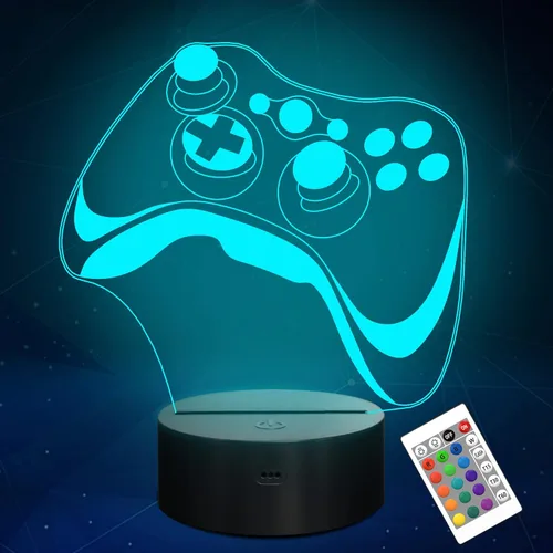 Attivolife Lámpara 3D de Gamepad, Luz Nocturna de Controlador con Ilusión de Holograma para Niños, 16 Colores Cambiantes y Control Remoto Regulable,