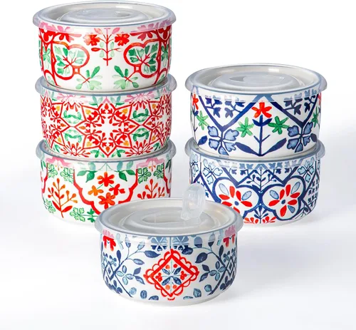 Vista 10 de Tazón de cerámica con tapa: recipientes de sopa aptos para microondas, juego de 4 para preparación de comidas, cereales, ensalada, picnic, camping