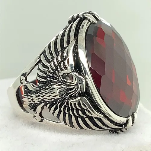 Vista 6 de Men Handmade Eagle Ring, Ruby Stone Ring, Silver Red Ruby Stone Ring, 925k Sterling Silver Ring, Handmade American Eagle Mens Ring