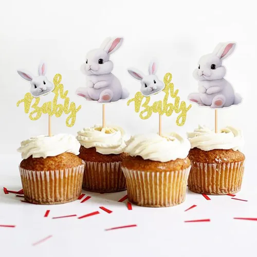 Vista 5 de Ercadio 24 piezas de decoración para tartas, con temática de conejo de Pascua para cumpleaños de primavera, suministros de fiesta de baby shower