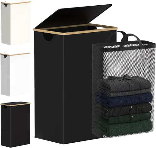 Vista 33 de efluky Cesta de lavandería delgada con tapa, cesta estrecha para la ropa sucia con bolsa extraíble, cesta de ropa sucia delgada con asas de bambú