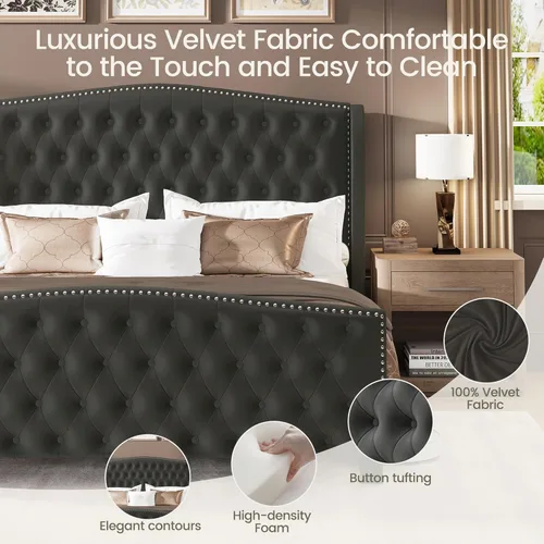 Vista 5 de LARMACE Base de cama tamaño King con plataforma tapizada de terciopelo con cabecera con respaldo de alas y pie de cama, base de cama capitoné