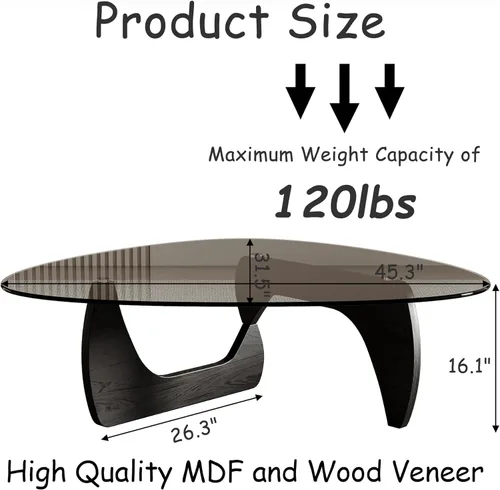 Vista 2 de Honyee Morden Mesa de centro, 42.5 x 28.5 x 16.1 pulgadas, parte superior triangular de vidrio templado para sala de estar, color: negro
