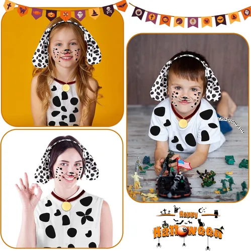 Vista 6 de Jiuguva Juego de 6 juegos de disfraz de dálmata de Halloween, falda tutú, orejas de perro, diadema, calcetín, calcomanía de dálmata, calcomanías