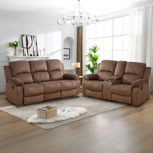 Vista 23 de Juego de Muebles para Sala de Estar, Juego de Sofá Reclinable Manual, Juegos de Sofás Reclinables de Cuero Beige con Mesa Desplegable, Sofá