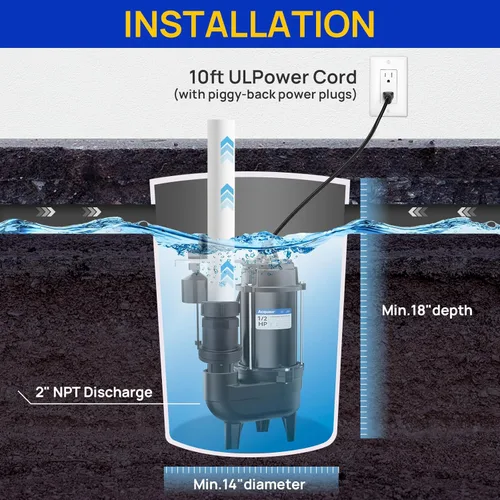 Vista 6 de Acquaer Bomba de agua sumergible para aguas residuales con interruptor de flotador automático, para lavabo de sumidero, aguas residuales