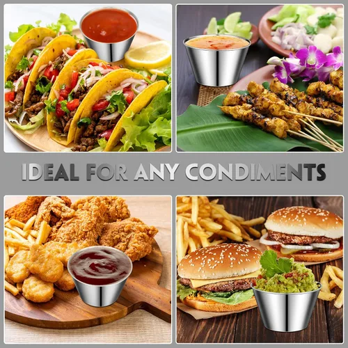 Vista 7 de 60 tazas de salsa de acero inoxidable a granel, 5 onzas, recipientes de metal para salsa, cuencos para condimentos, reutilizables, apilables