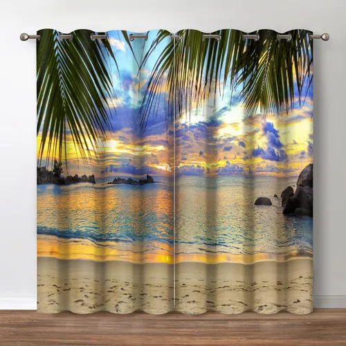 Jekeno Cortinas opacas para oscurecer la habitación, con ojales, para ventana, atardecer, océano hawaiano, playa, tropical, palmera, decoración del