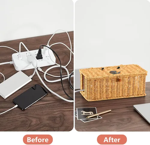 Vista 5 de Caja oculta de cables, organizador de cables de ratán de imitación, caja de almacenamiento con tapa, 2 ranuras abiertas, extensión de cable, cesta