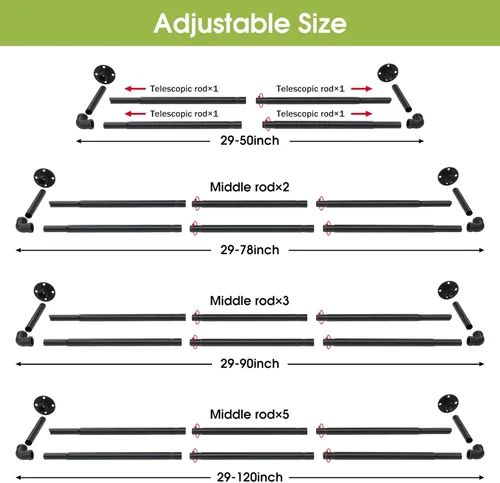 Vista 6 de Barras de cortina dobles para ventanas de 28 a 48 pulgadas, barra de cortina industrial negra mate de 1 pulgada de servicio pesado, barras