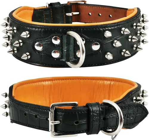 Vista 13 de Collar de perro de cuero con pinchos, cuero bridle de grano completo de 2 pulgadas de ancho, resistente, acolchado y ajustable, para razas grandes