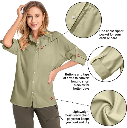 Vista 8 de Camisas de manga larga con protección solar UPF 50 para mujer, de secado rápido, para pesca al aire libre, senderismo, viajes 5019 Azul