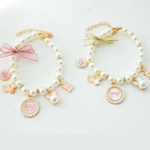 Vista 2 de Collares de perlas para perros, collar de perlas para mascotas, collar de lazo de princesa para perro, collar lindo para cachorros, joyería de gato