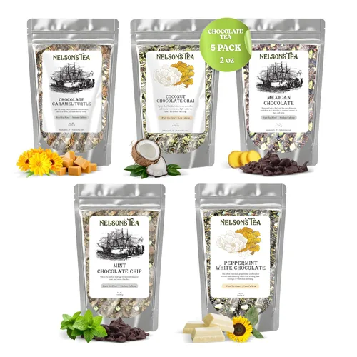 Vista 9 de Nelson's Tea Paquete de Muestra Sin Cafeína - Muestra de Té de Hojas Sueltas - Menta Chocolate Blanco, Glass Slipper, Hoosier Kettle Corn, Hibisco