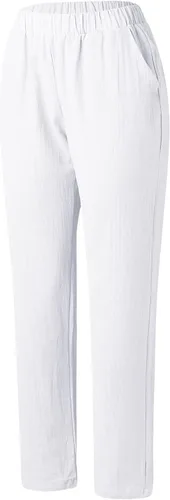 Vista 5 de Pantalones de lino para mujer, de verano, casuales, de tiro alto, cónicos, de algodón, cintura elástica, con bolsillos