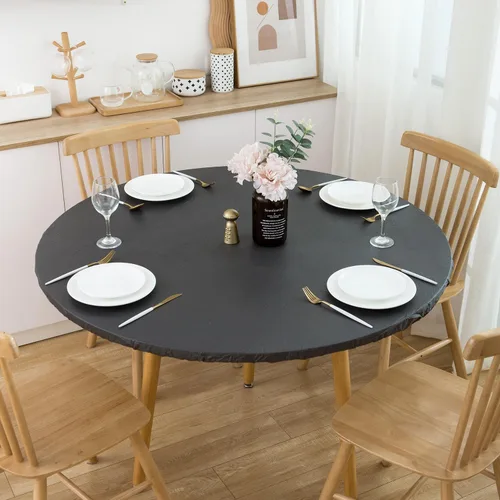 Vista 2 de Mantel redondo de vinilo ajustable con parte trasera de franela, mantel elástico, cubierta de plástico impermeable a prueba de aceite