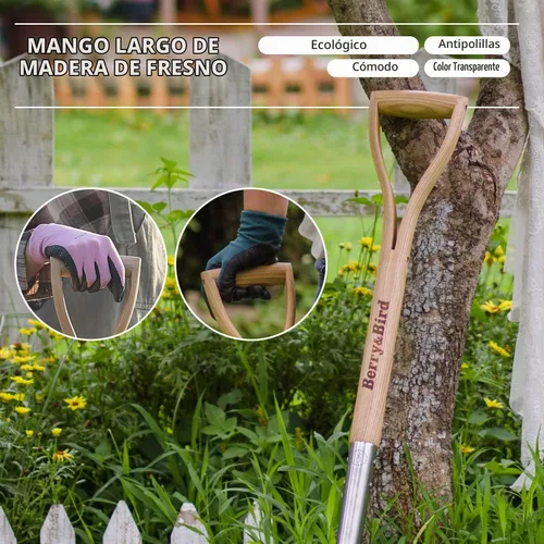 Vista 4 de Berry&Bird - Pala de punta redonda de jardinería con mango de madera en forma de D, pala de acero inoxidable de 40.98" para playa y nieve Pala