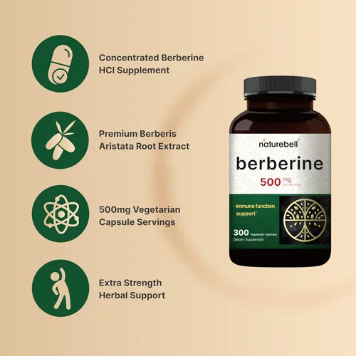 Vista 3 de NatureBell Berberine 500mg - 300 Capsules - 97% Pure Berberine HCl - 5:1 Root Extract of Berberis Aristata - Antioxidant, Alkaloid & Adaptogenic