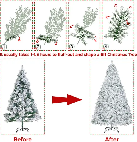 Vista 8 de Yaheetech Árbol de Navidad artificial de abeto preiluminado de 6 pies con bisagras flocadas de nieve con 250 luces LED multicolor y 820 puntas
