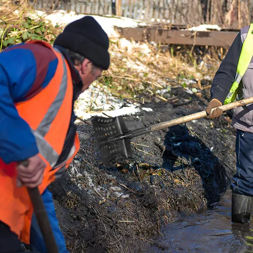 Vista 4 de Cabezal de pala de tamizado de lodo resistente con agujeros: Pala de tamizado de lodo de jardín, pala de drenaje de metal, pala para excavadora