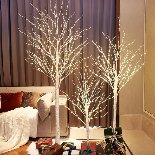 Lightshare Árbol de abedul iluminado con ramas de abedul con luces de hadas de 4 pies, 6 pies y 8 pies, paquete de 3 en color blanco cálido para