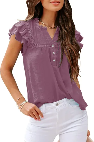 Vista 2 de PRETTODAY Camisas de ganchillo de encaje con cuello en V para mujer, blusa casual de manga corta con botones