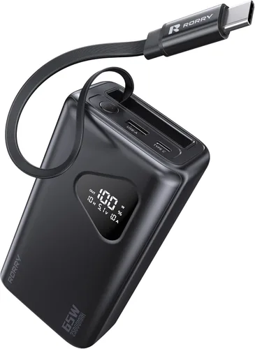 RORRY Laptop Power Bank, 25000mAh 65W Portable Laptop Charger Battery Bank PD Fast Charger Built in Retractable Cables, for iPhone 17/16/15 Series,