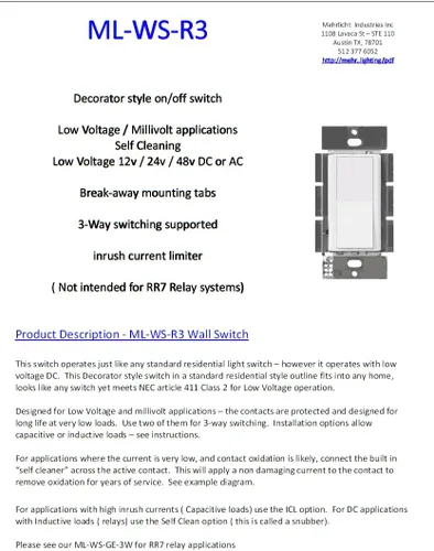 Vista 2 de ML-WS-R3 Interruptor basculante estilo decorador de encendido/apagado, blanco, bajo voltaje (12 V, 24 V, 48 V, milivoltio) CC o CA, 2 amperios, baja