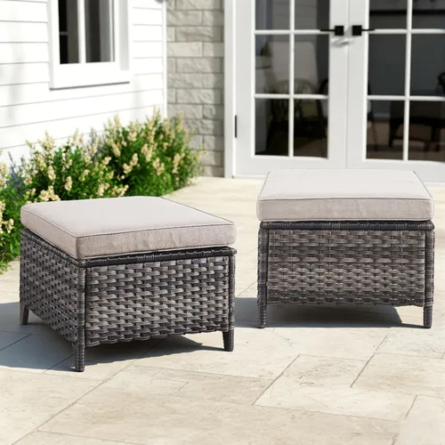 Vista 13 de Juego de 2 taburetes otomanos de mimbre de ratán para todo tipo de clima, con cojines suaves para muebles de patio