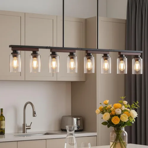 Vista 13 de Iluminación de isla de cocina de 5 luces y accesorios de luz de comedor de granja sobre mesa, colgante de techo rústico ajustable colgante lineal