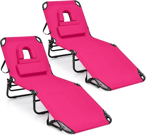 Vista 13 de Goplus Silla bronceadora, silla de playa plegable con orificio para la cara, almohada extraíble, capacidad de 350 libras, correa de transporte